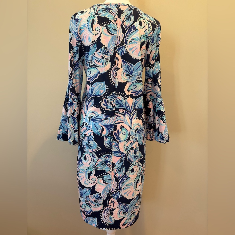 Lilly Pulitzer 3/4 Bell Sleeve Dress Womens Medium Navy/Pink/Turquiose NWOT - Picture 2 of 12